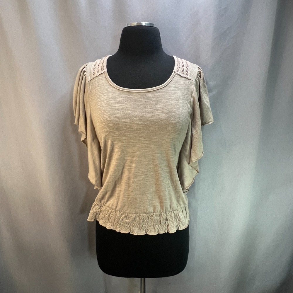 Womens Blouse Top S Heathered Beige Lace Detail Back Smocked Hem Ruffle Sleeves